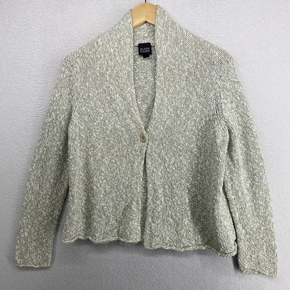 EILEEN FISHER Cardigan S Cotton Nubble Sparkle Chunky Open Front Gray Silver